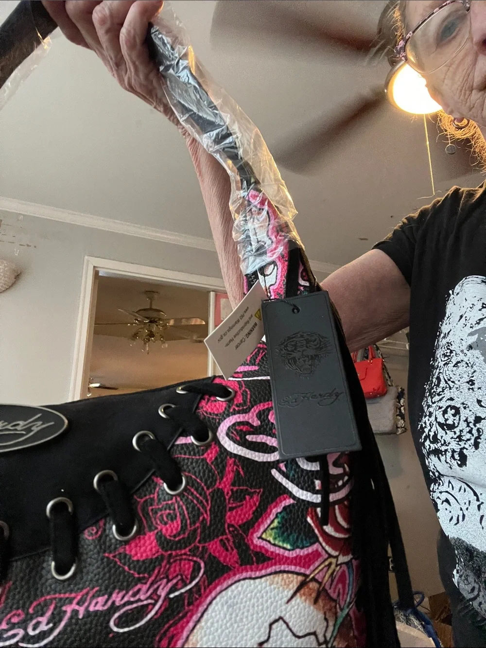Ed Hardy Black & Pink Rose Skull Fringe Shoulder Bag